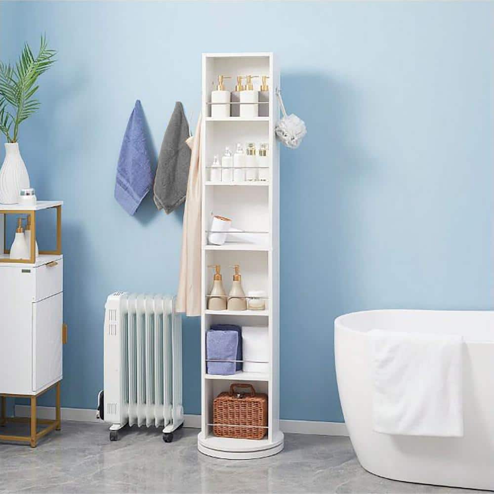 EVIDECO French home goods 11.81 in. L x 6.89 in. W x 66.73 in. H Swivel Storage Cabinet Organizer Tower Free Standing Linen Tower Mirror in White