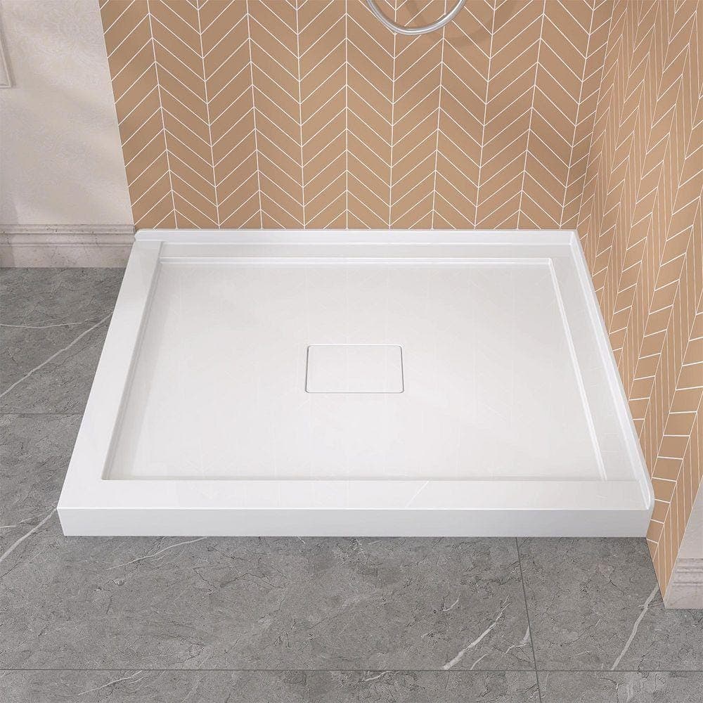 NTQ 42 in. x 34 in. Double Threshold Shower Base Corner Shower Pan Base in White with Center Drain Hole and Magnetic Cover (1)