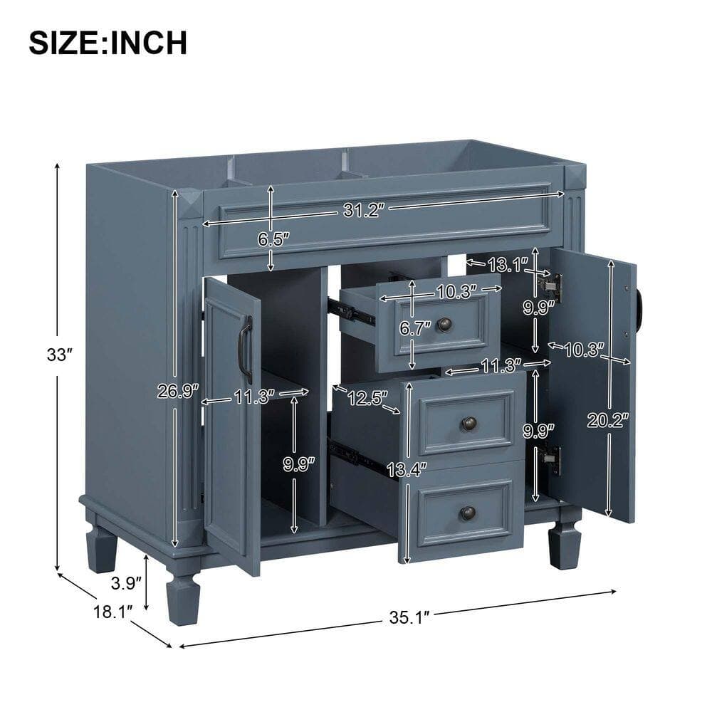 LuckByte 36 in. Bath Vanity Cabinet without Top with 2 Soft Closing Doors and 2 Drawers in Blue (3)