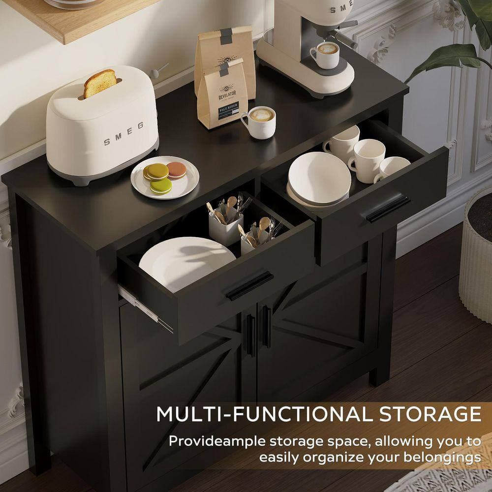 XUJMK 32 in. W x 11 in. D x 32 in. H Black Linen Cabinet, Storage Cabinet with 2 Drawers & 2 Doors for Bathroom/Living/Bedroom (2)