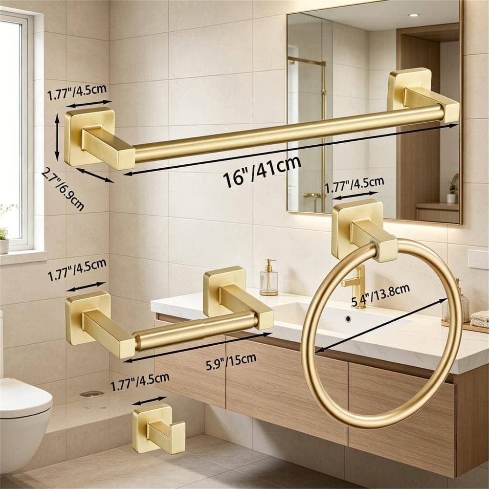 Whatseaso 4-Pack Bathroom Hardware Set 16 in. Wall Mounted Towel Bar Set in Brushed Light Gold (3)