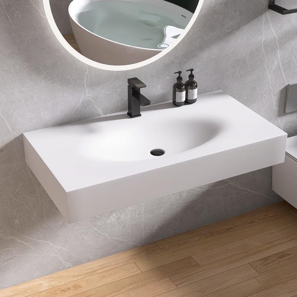 MEDUNJESS 42 in. x 22 in. Solid Surface Wall-Mounted Bathroom Vessel Sink in White with Faucet Hole (1)