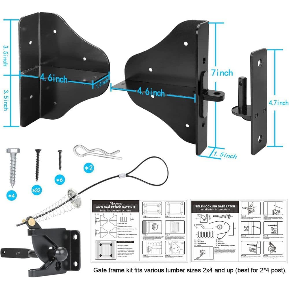 Afoxsos Fence Gate Kit Gate Hardware w Latch Heavy Gauge Steel Powder Coated 90° Hinges Anti Sag Corner Brace Bracket (1-Set) (2)