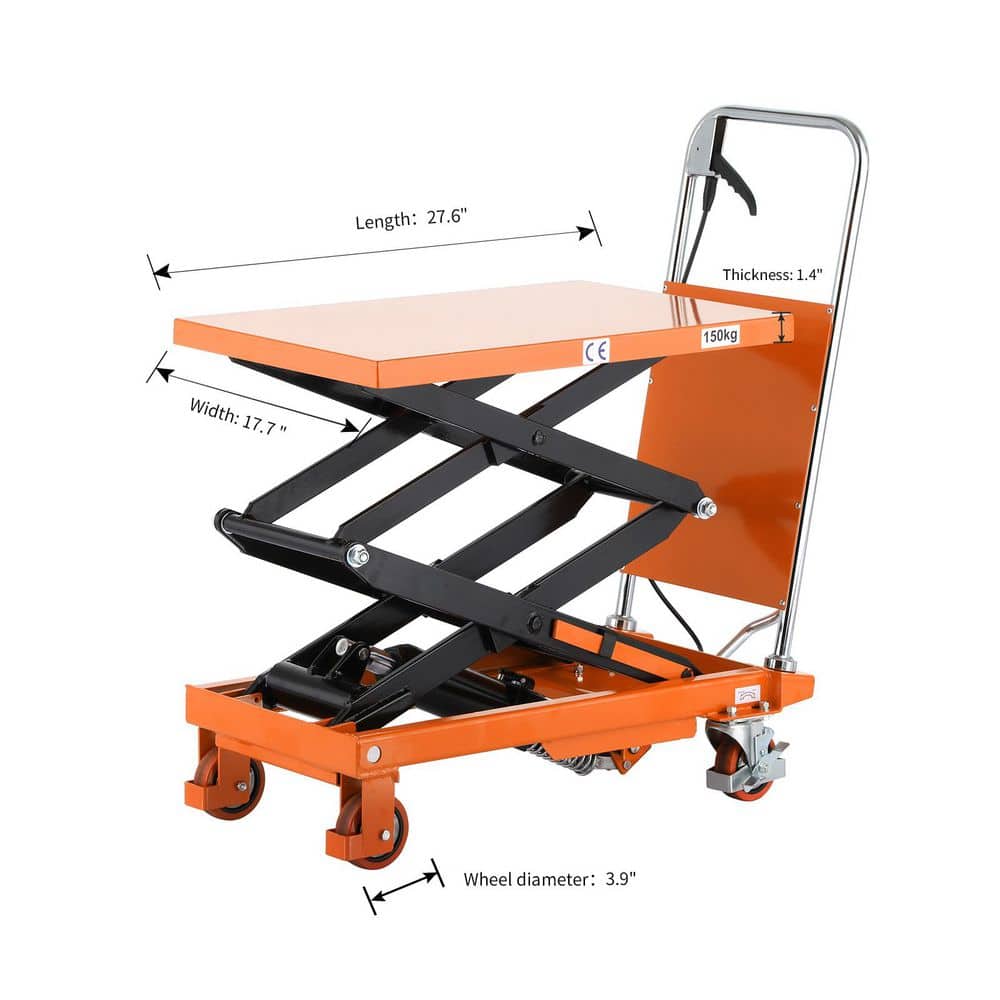 TORY CARRIER 330 lbs. Hydraulic Double Scissors Lift Table 43.3 in. Lift with 27.6 x 17.7 x 1.4 in. Work Support Platform Orange (2)