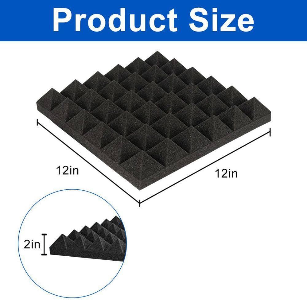 Miscool 2 in. T x 1 ft. x 1 ft. Black Professional Pyramid Acoustic Foam Sound Absorbing Panel for Wall Noise Reduction 48-Pack (2)