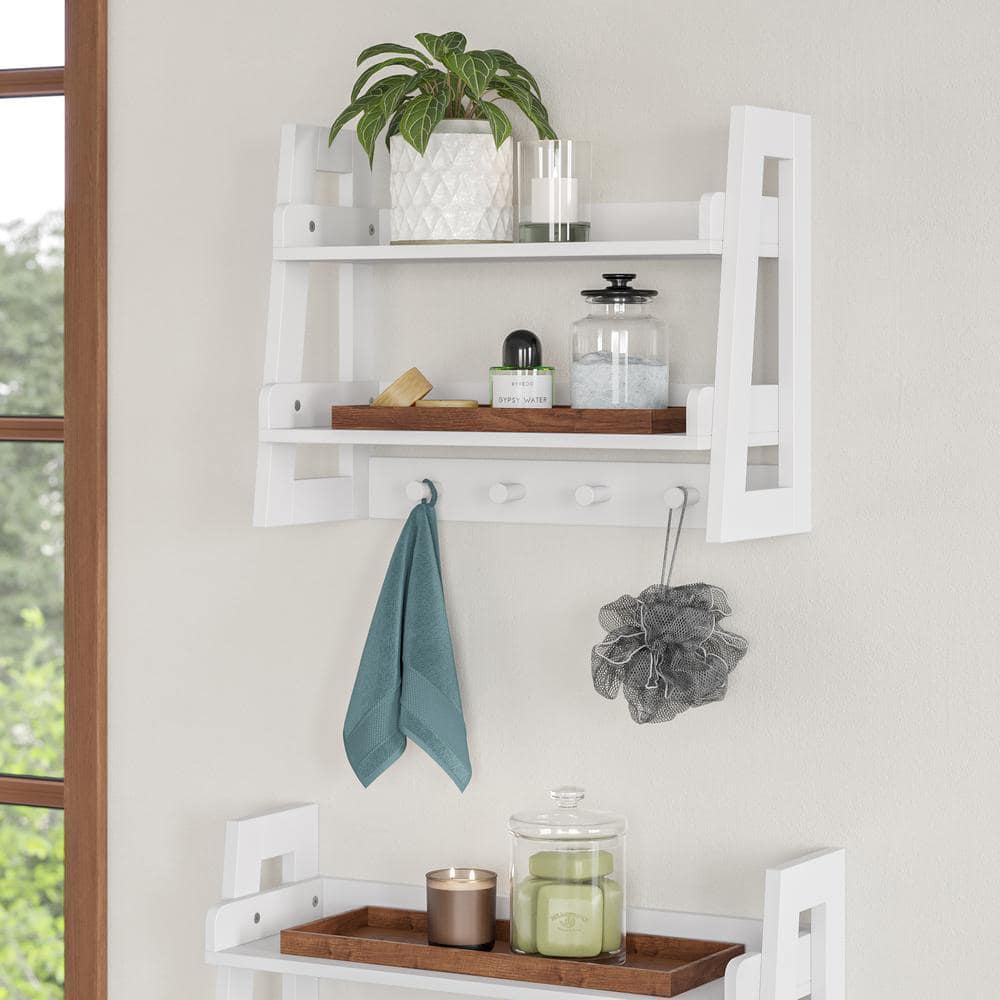 RiverRidge Home Amery 20 in. W x 8.5 in. D x 15.75 in. H 2-Tier Ladder Shelf with Hooks and Open Shelves for Bathroom in White (2)