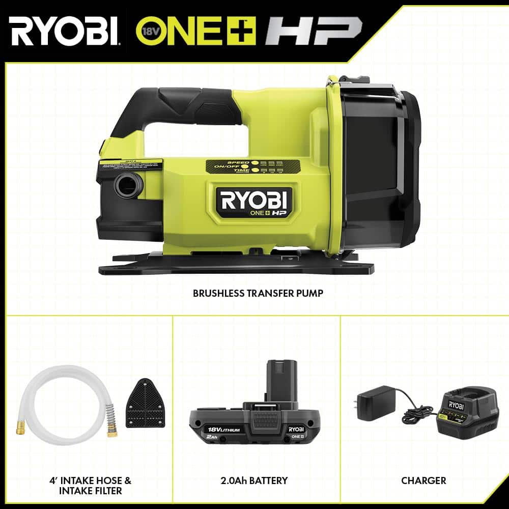 RYOBI ONE+ HP 18V hp Cordless Battery Powered Transfer Pump with 2.0 Ah Battery and Charger (2)
