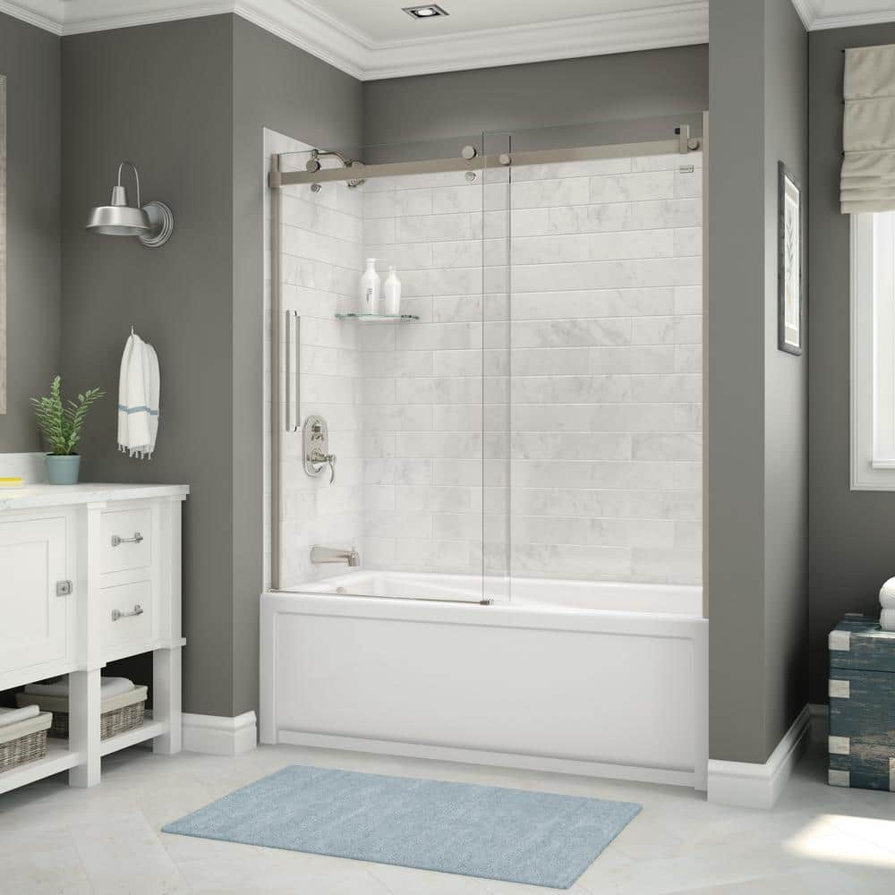 MAAX Utile 32 in. x 60 in. x 81 in. Bath and Shower Combo in Marble Carrara, New Town Left Drain, Halo Door Brushed Nickel