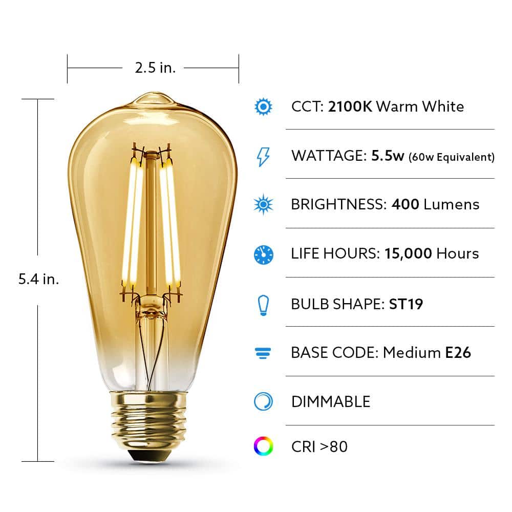 Feit Electric 60-Watt Equivalent ST19 Dimmable Straight Filament Amber Glass Vintage Edison E26 LED Light Bulb, Warm White (4-Pack) (4)