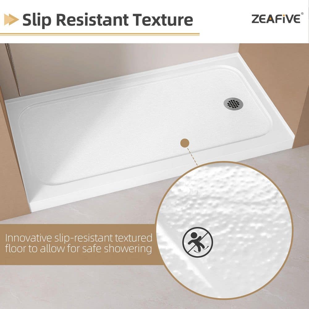 Zeafive Nsip 60in. L x 32in. W Rectangular Non-Slip Alcove Single Threshold Shower Pan Base w/Right Drain in White Bathroom Tray (3)