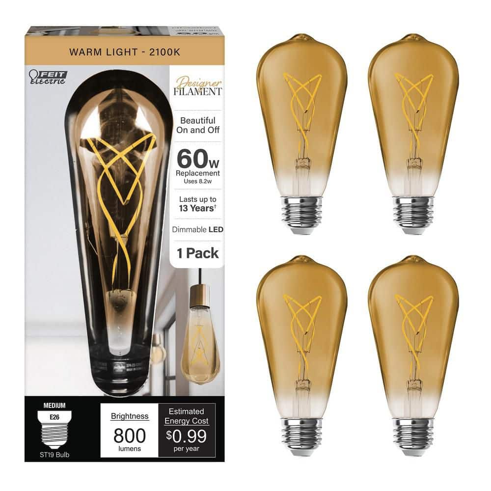 Feit Electric 60-Watt Equivalent ST19 Knot Thin Filament Amber Glass E26 Vintage Edison LED Light Bulb Warm White 2100K (4-Pack)