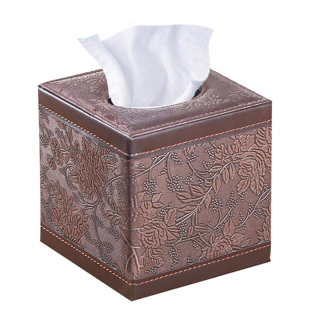 Unbranded Large Square PU Leather Tissue Box Cover MDF Frame Dryer Sheet Dispenser for Bathroom Vanity in Camel (1)
