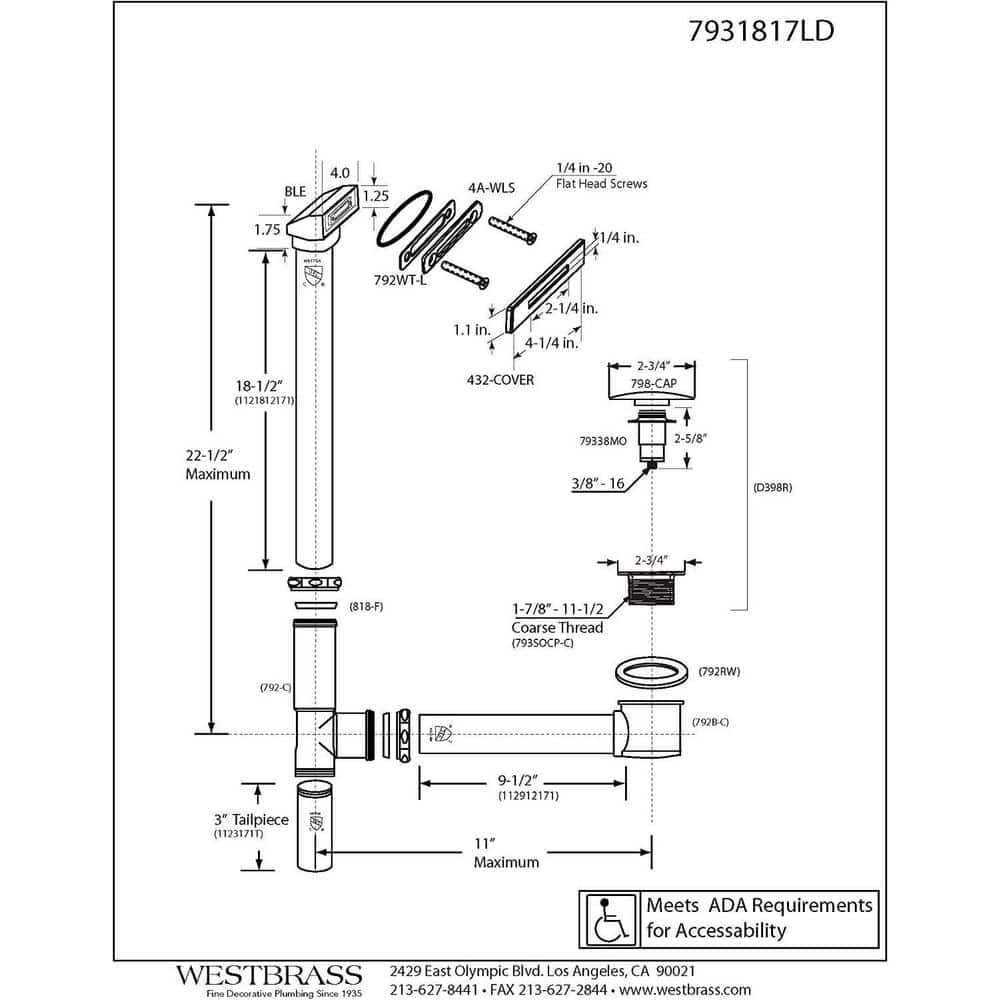 Westbrass 22 in. Linear Tip-Toe Drain Bath Waste and Overflow (2)