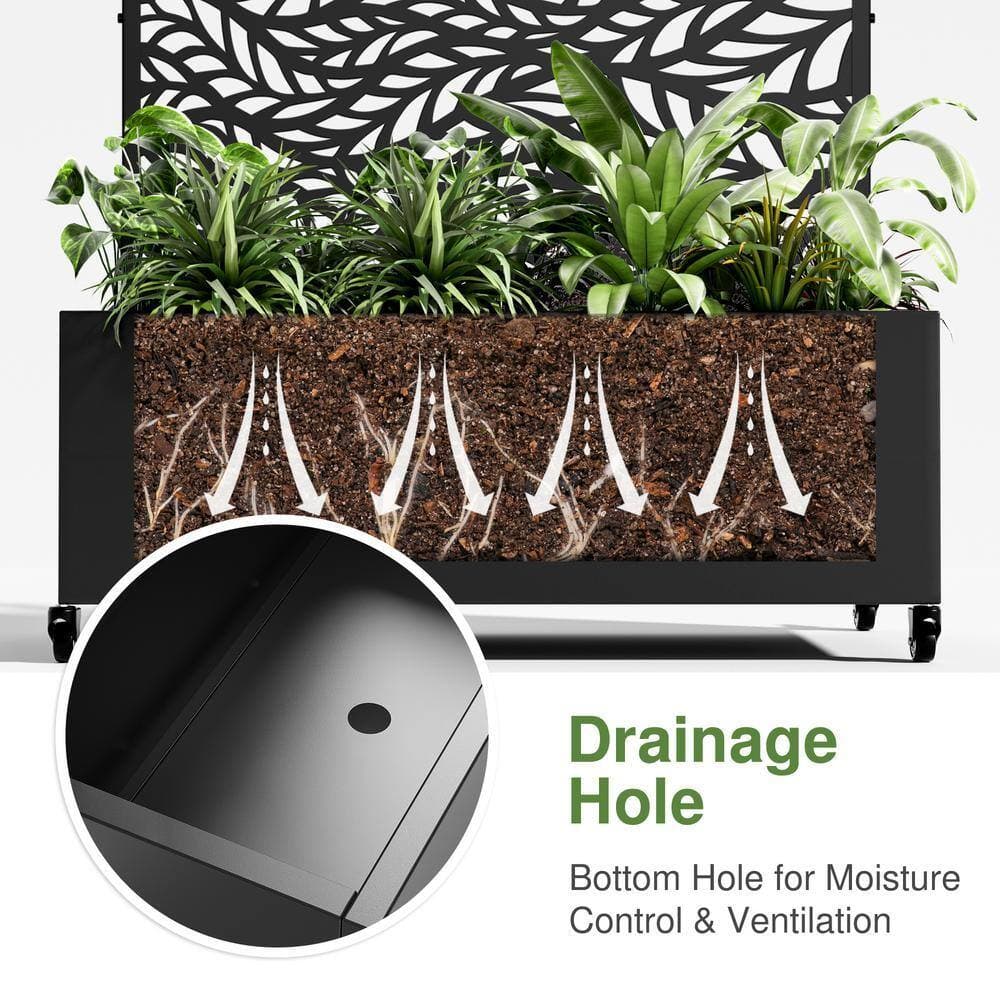 Lirago 72 in. x 47 in. Arched-Top Black Outdoor Metal Privacy Screen Raised Planter Box Wall Decor (3)