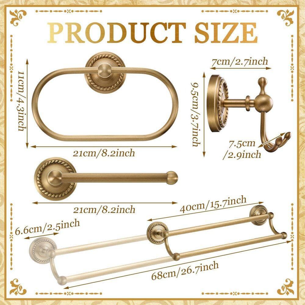 Unbranded 13.11 in. 4-Piece Antique Brass Bathroom Hardware Set Wall Mounted Towel Rack Ring Paper Holder Robe Hook (2)