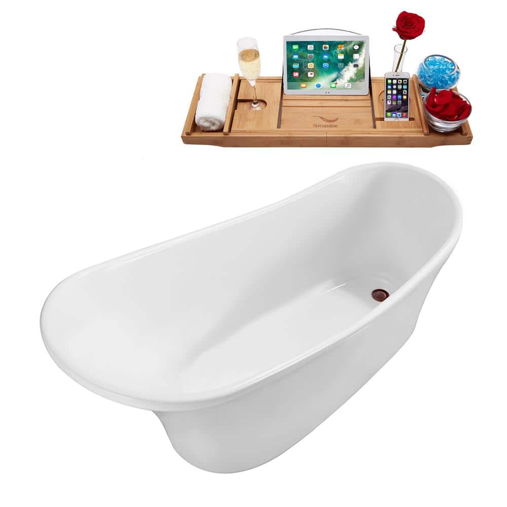 Streamline 63 in. Acrylic Flat Bottom Non-Whirlpool Bathtub Glossy White With Matte Oil Rubbed Bronze Drain (2)