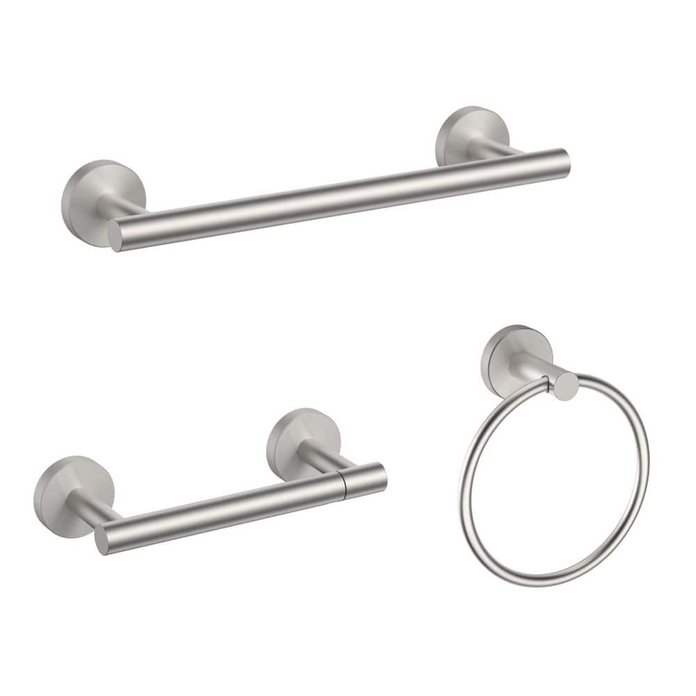 BWE 3-Piece Bath Hardware Set with 12 in. Towel Bar, Toilet Paper Holder, Towel Ring in Brushed Nickel (1)