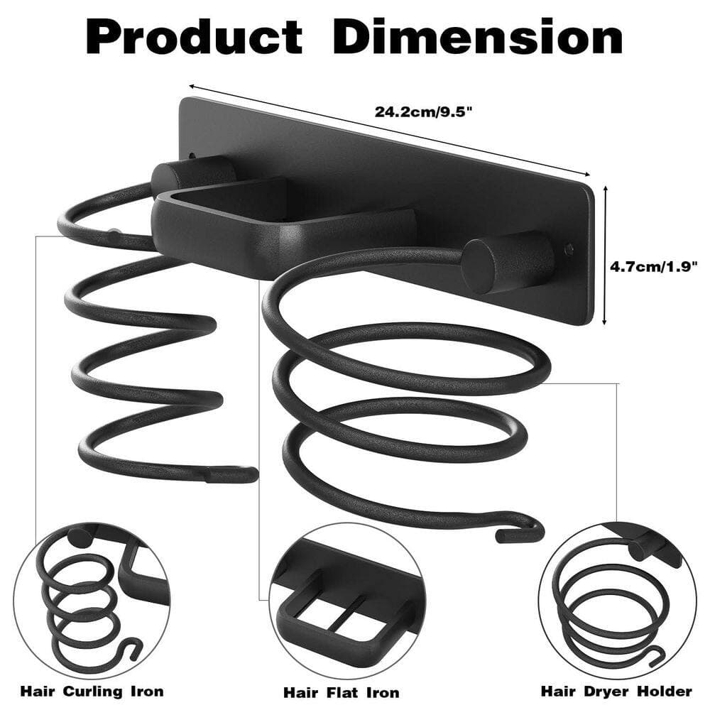 Numhew 3 in 1 Wall-Mounted Hair Dryer Holder, Blow Dryer Holder for Flat Iron, Curling Iron, Hair Straightener, Black (2)