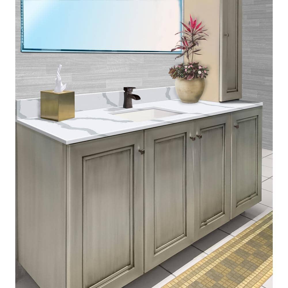 Transolid Silestone 60.5 in. W 22.25 in. D Quartz White Rectangular Single Sink Vanity Top (2)