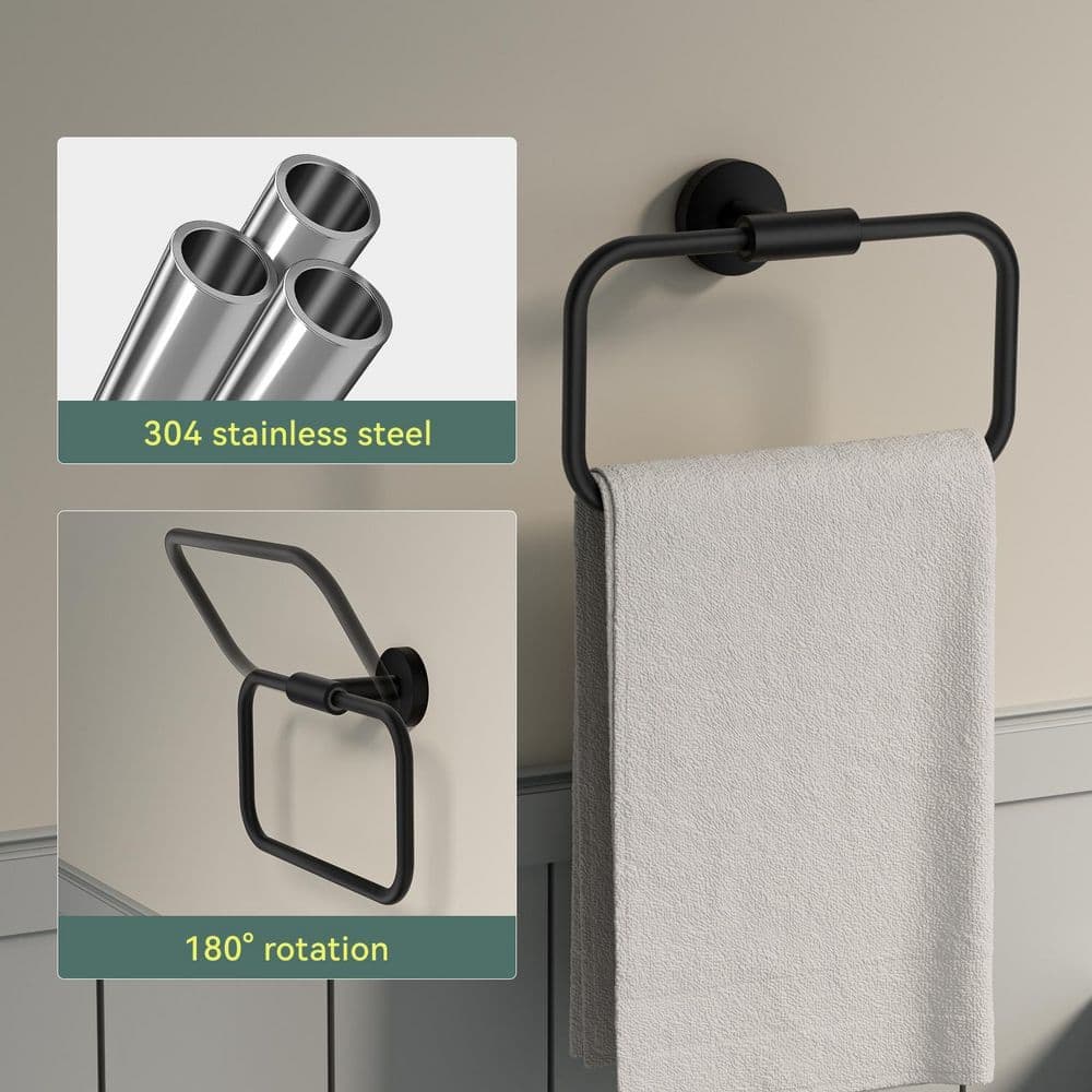 BWE 4-Piece Bath Hardware Set with Towel Rack, Toilet Paper Holder, Towel Ring and Towel Hook in Matte Black (3)