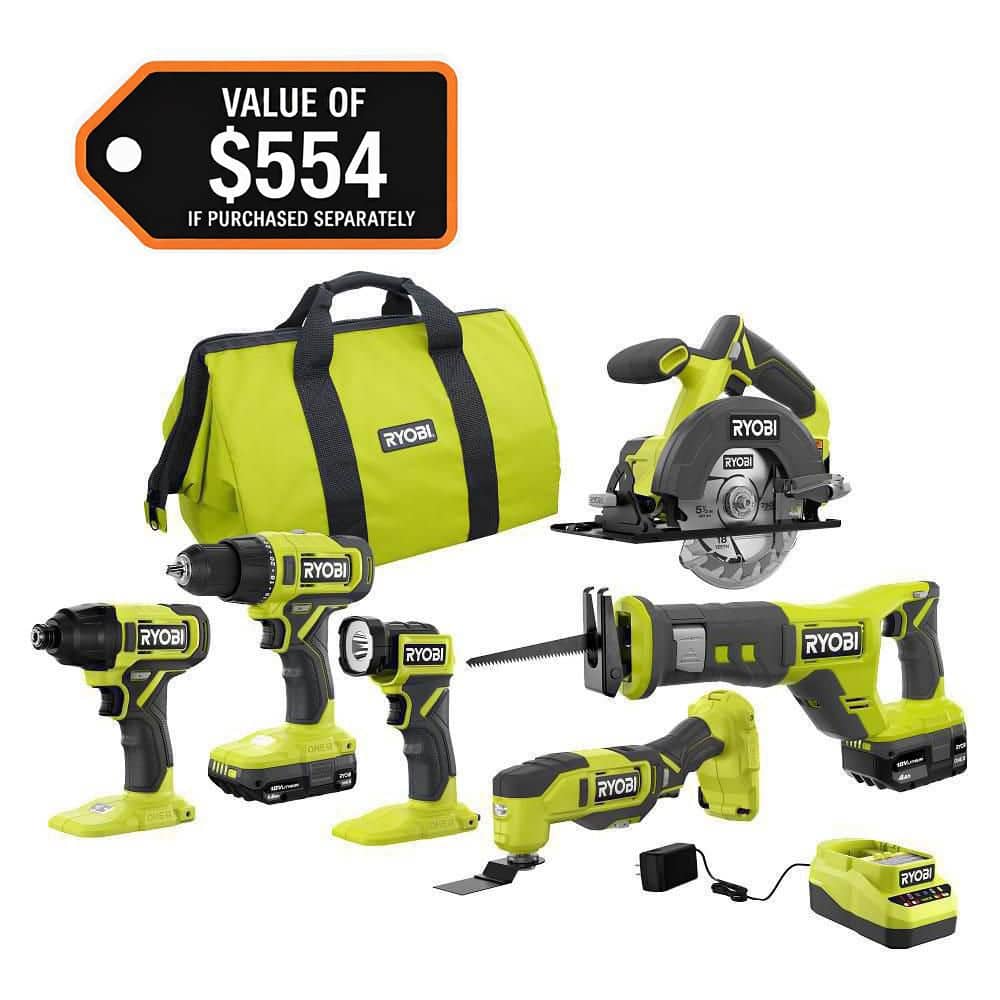 RYOBI ONE+ 18V Cordless 6-Tool Combo Kit with Compact Battery, 4.0 Ah Battery, and Charger