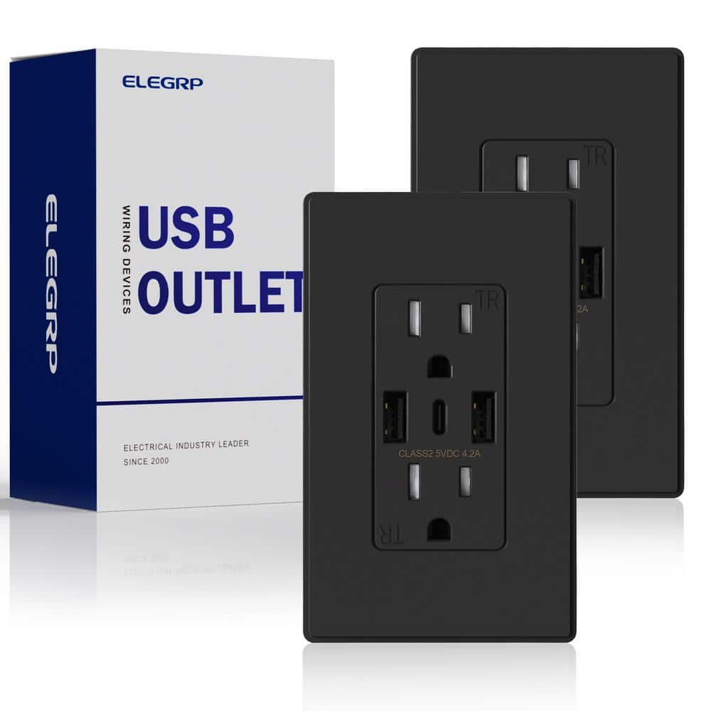 ELEGRP 21W USB Wall Outlet w/Dual Type A and Type C USB Ports, Tamper Resistant Outlet, w/Wall Plate (1)