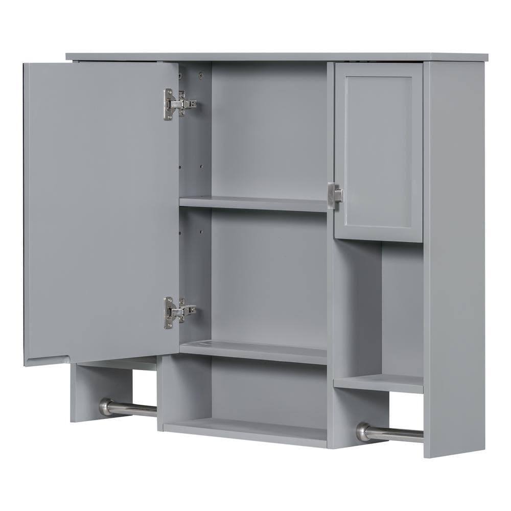 Tatahance 35 in. W x 6.7 in. D x 28.7 in. H Bathroom Storage Wall Cabinet in Gray with Mirror and Towels Bar (3)