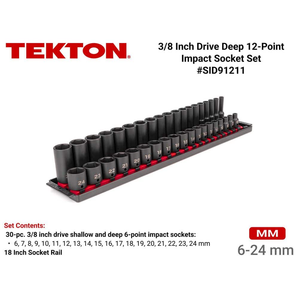 TEKTON 3/8 in. Drive 6-Point Impact Socket Set (38-Piece) (6-24 mm) with Rails (2)