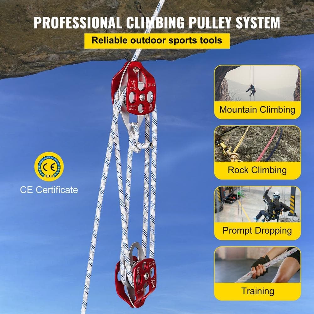 VEVOR Double Braid Rope Pulley 1/2 in. x 100 ft. Twin Sheave Block and Tackle with Braid Rope 7,700 lbs. Breaking Strength (2)