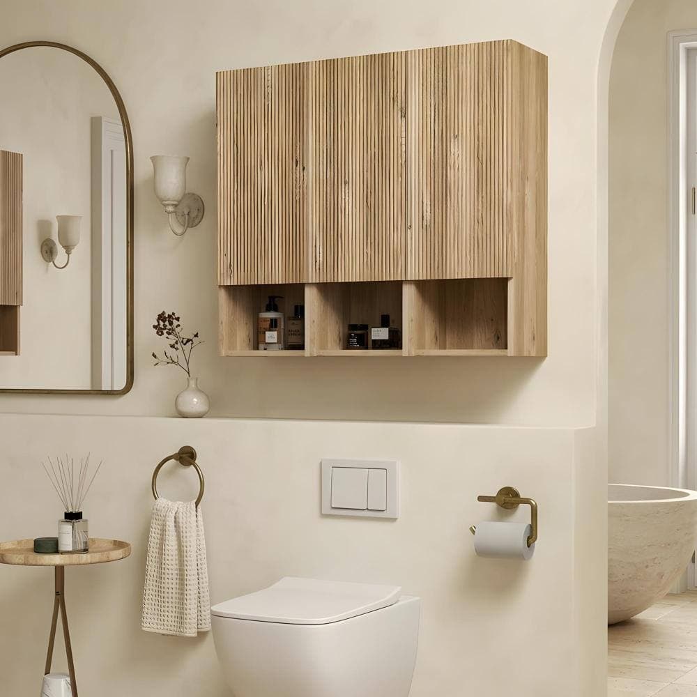 Zuvandra 35.46"W x 11.82"D x 31.52"H Eco-Friendly Wooden Bathroom Wall Cabinet with Doors and  Shelves, Oak (2)