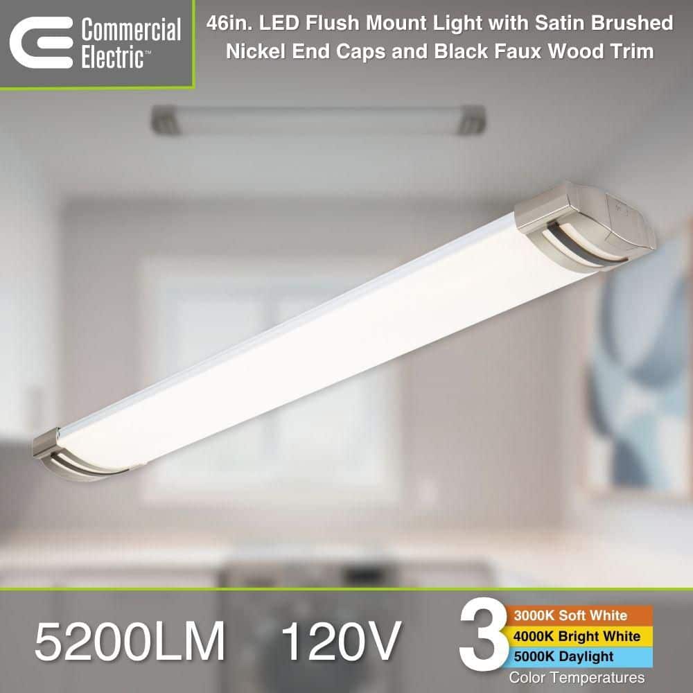 Commercial Electric 46 in. x 7.5 in. LED Flush Mount Ceiling Light Brushed Nickel End Caps Black Trim 5200 Lumens 72-Watt 3000K 4000K 5000K (4)