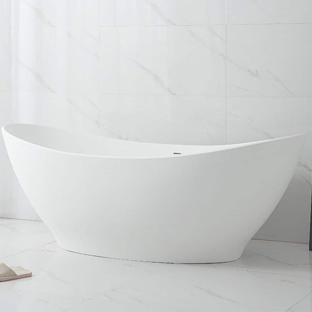 Feelive 67 in. x 31.69 in. Stone Resin Solid Surface Freestanding Soaking Bathtub with Drain and Overflow in Matte White