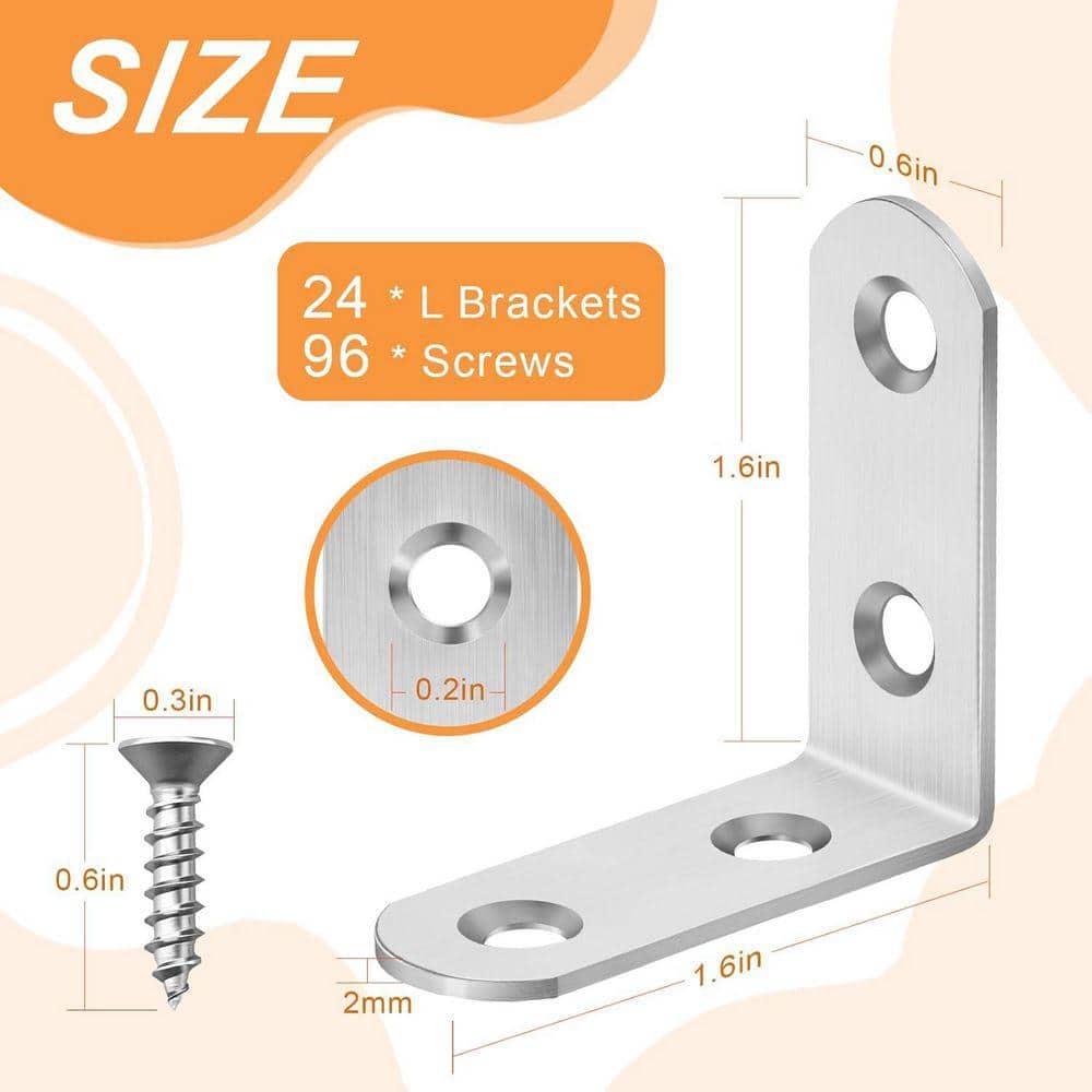 KIWDZFU 1. 6x1. 6 Inch Stainless Steel 90 Degree Corner Brace Metal Right Angle Bracket for Wood Shelves with 96 Screws 24 Pack (2)