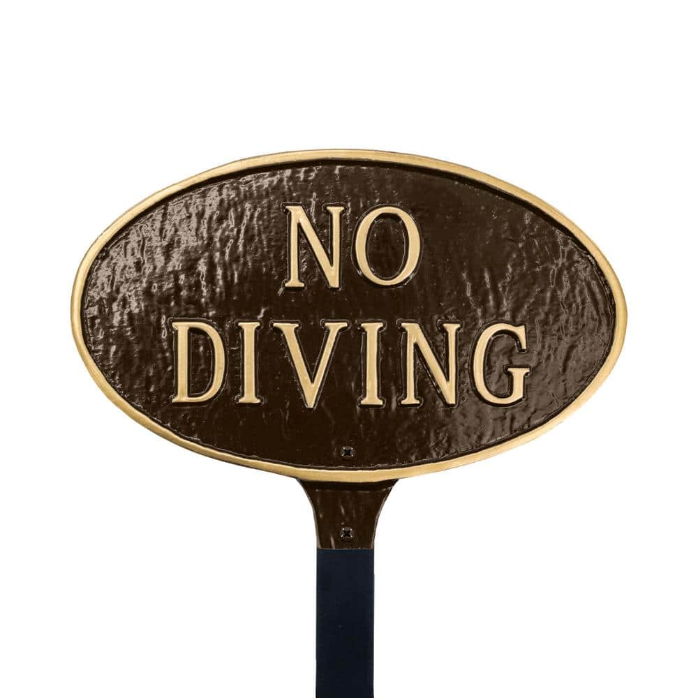 Montague Metal Products No Diving Small Oval Statement Plaque with Lawn Stake - Oil Rubbed/Gold