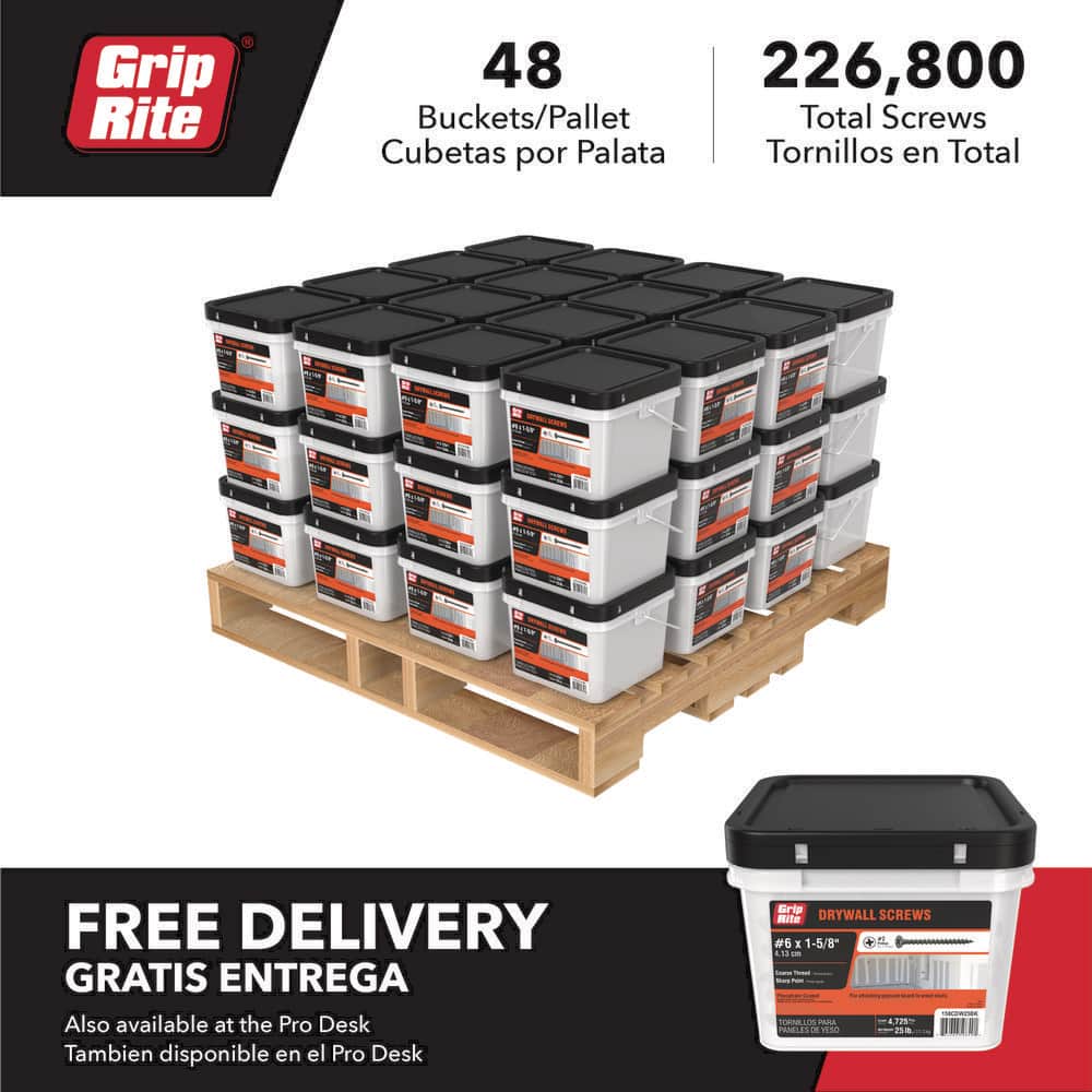 Grip-Rite #6 x 1-5/8 in. Phillips Bugle Head Coarse Thread Sharp Point Drywall Screws (25 lb. Pack, 1 Pallet/48-Packs) (2)