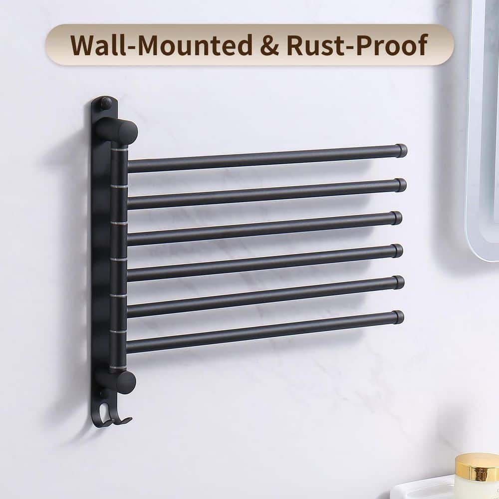 KHKFY Stainless Steel 14 in. 6-Arm 360-Degree Swivel Wall Mounted Towel Bar Storage Rack with Hook in Black (3)