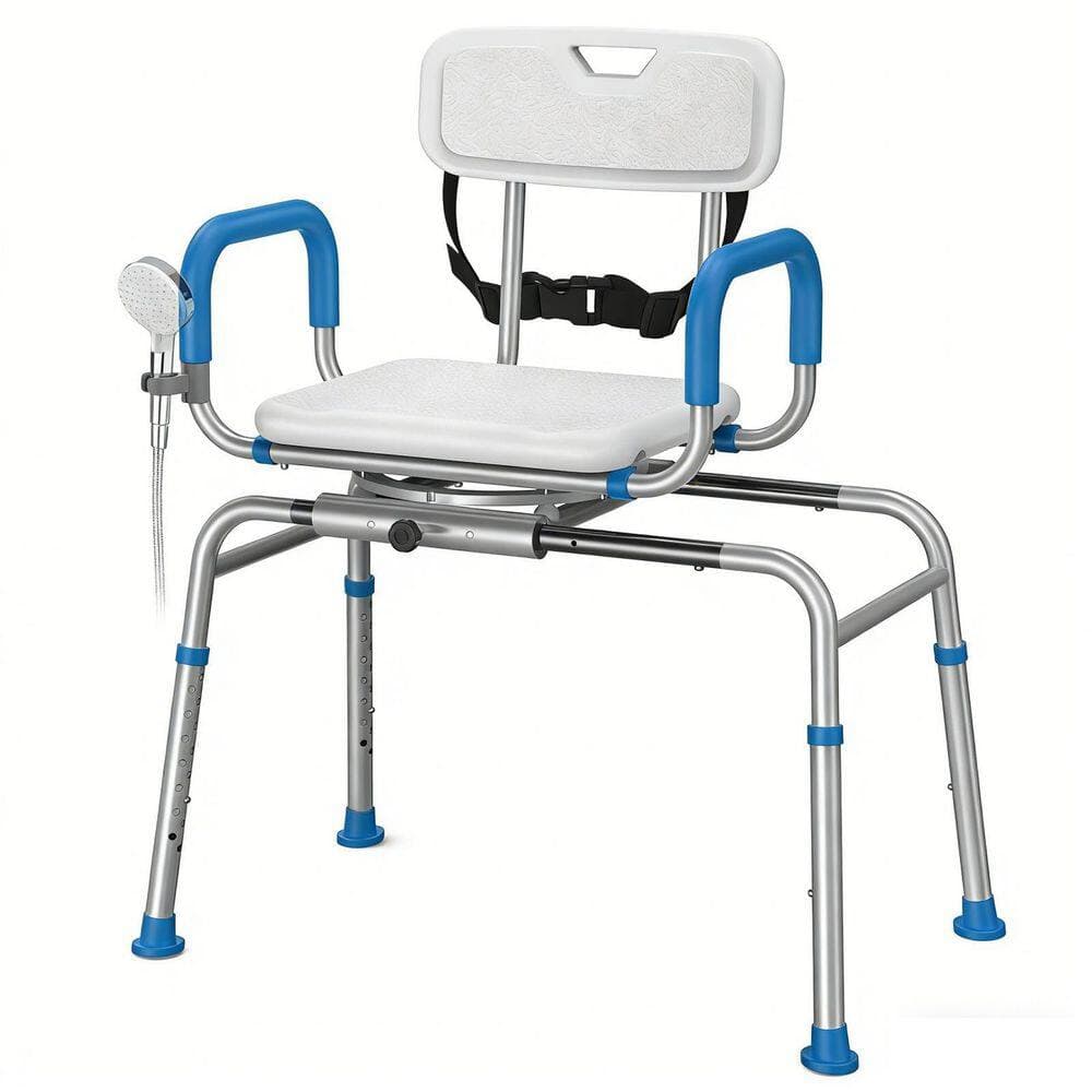 Wudkey Freestanding Sliding Shower Chair in White and Blue, with Swivel Seat and Pivoting Arms, Height Adjustable, 350 lbs. (2)