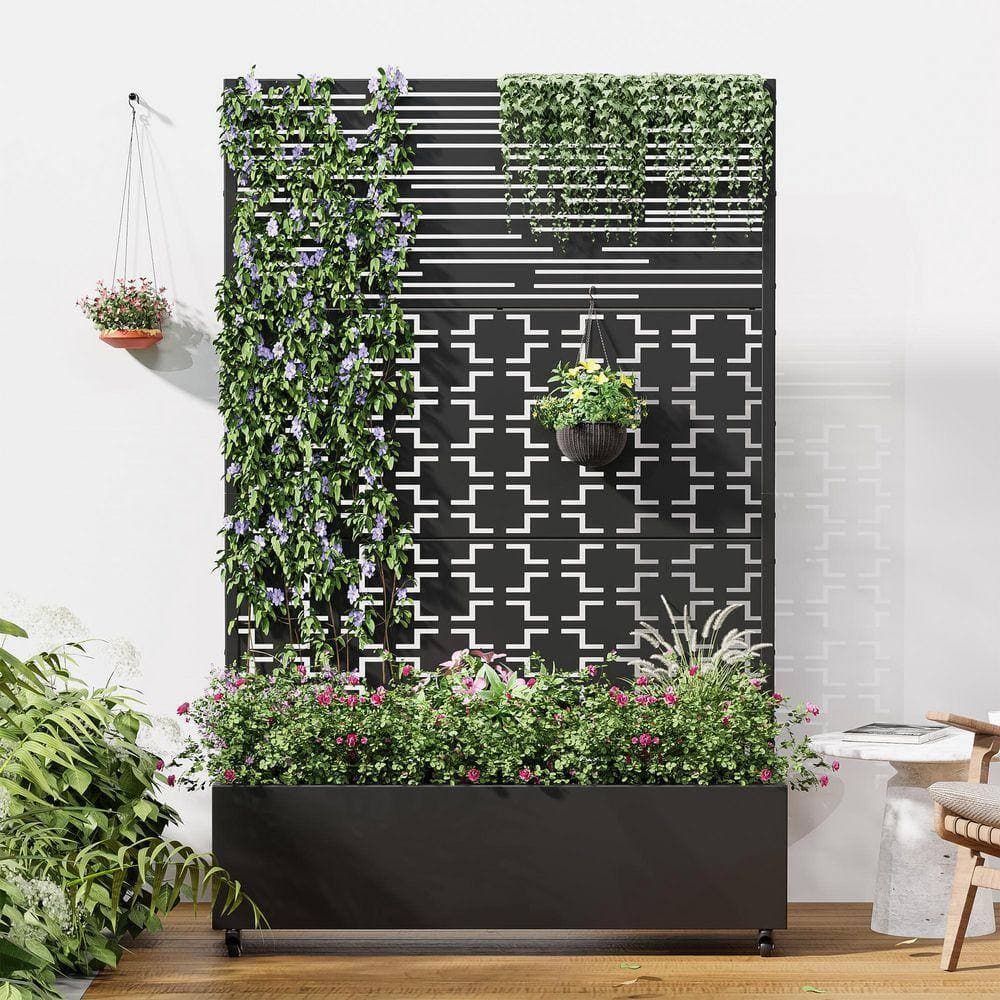 Lirago 3-Piece 72 in. H x 47 in. W Rectanglar Black Outdoor Metal Privacy Screen Planter Box Wall Decor (3)