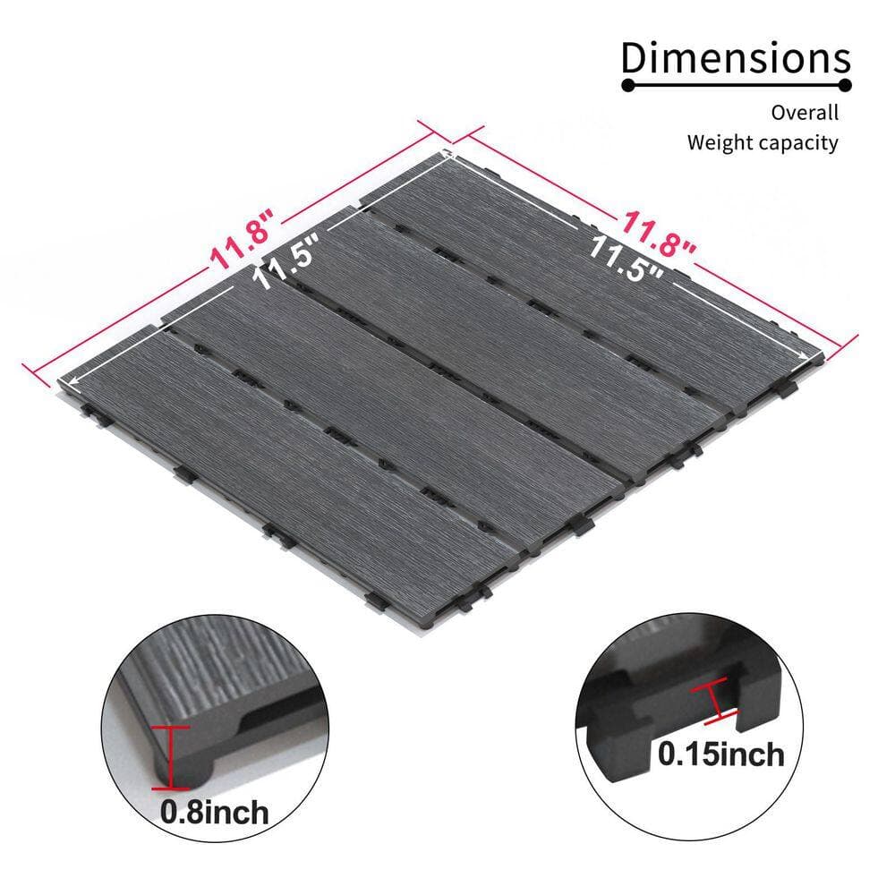 cadeninc 11.8 in. x 11.8 in. Square Wood-Plastic Composite Patio Deck Tiles,Water Resistant Indoor Outdoor,Dark Gray (Set of 11) (2)