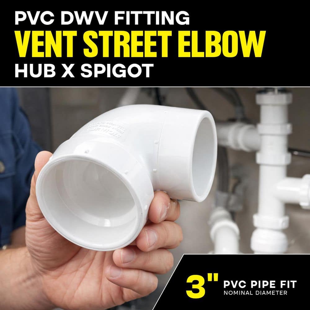 PLUMBFLEX 3 in. White Rigid PVC DWV Vent Street Elbow H x S, PVC Drain, Waste & Vent Fitting, (5 Pack) (3)