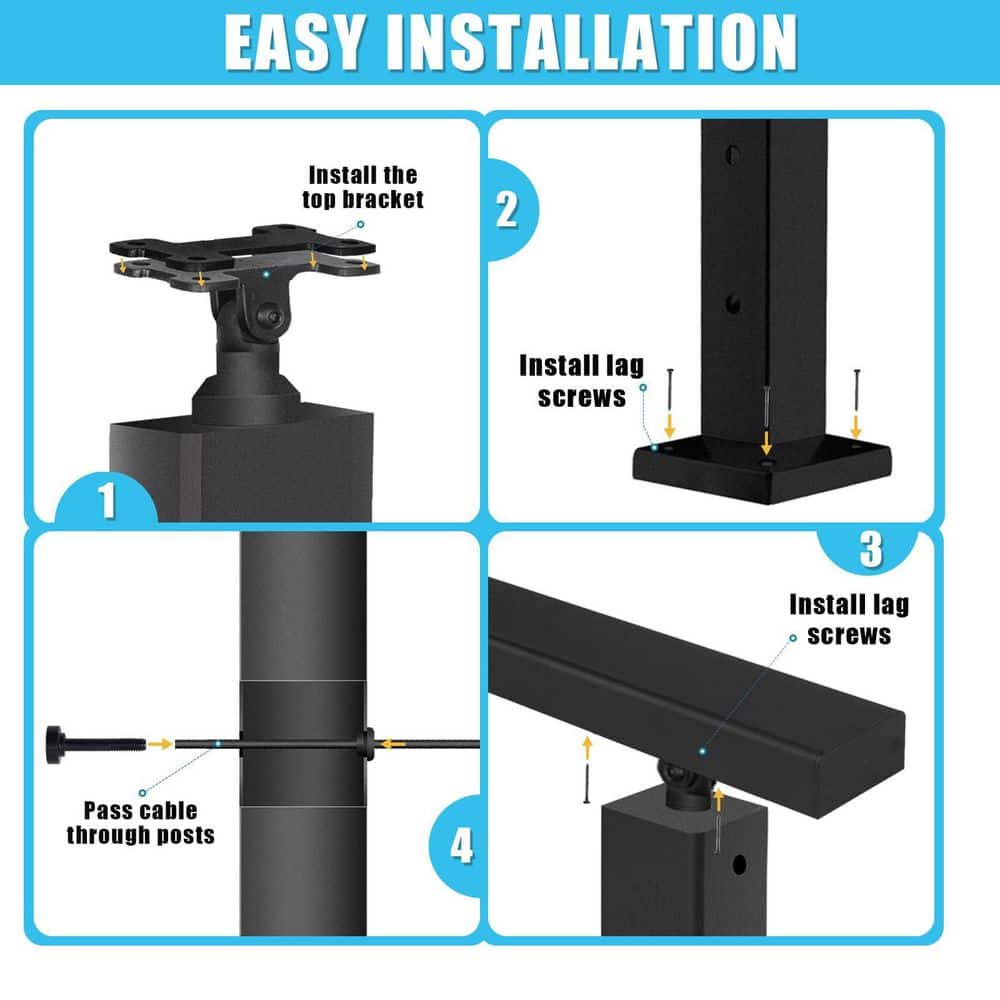 Unbranded 36 in. Stainless Steel Handrail for Cable Railing System Level Drilled Railing Post Kit 5-Pack Black (3)