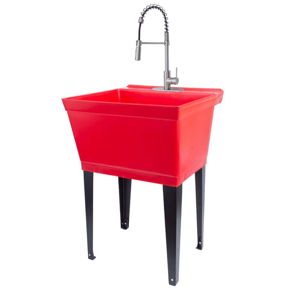 TEHILA 22.875 in. x 23.5 in. Thermoplastic Freestanding Red Utility Sink Set with Stainless Coil Pull-Down Faucet