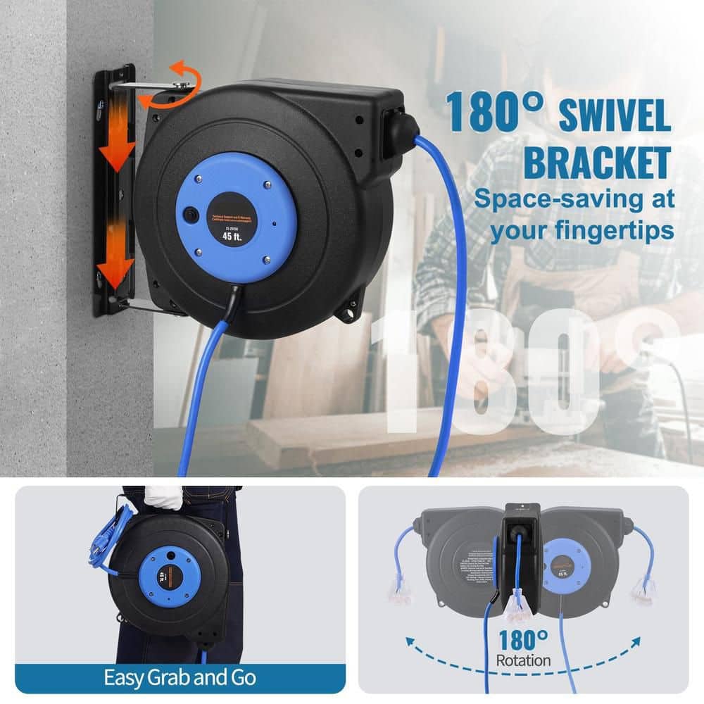 Vebreda 3/15-Conductors 45 ft. Retractable Extension Cord Reel 12AWG Heavy Duty with Circuit Breaker (2)