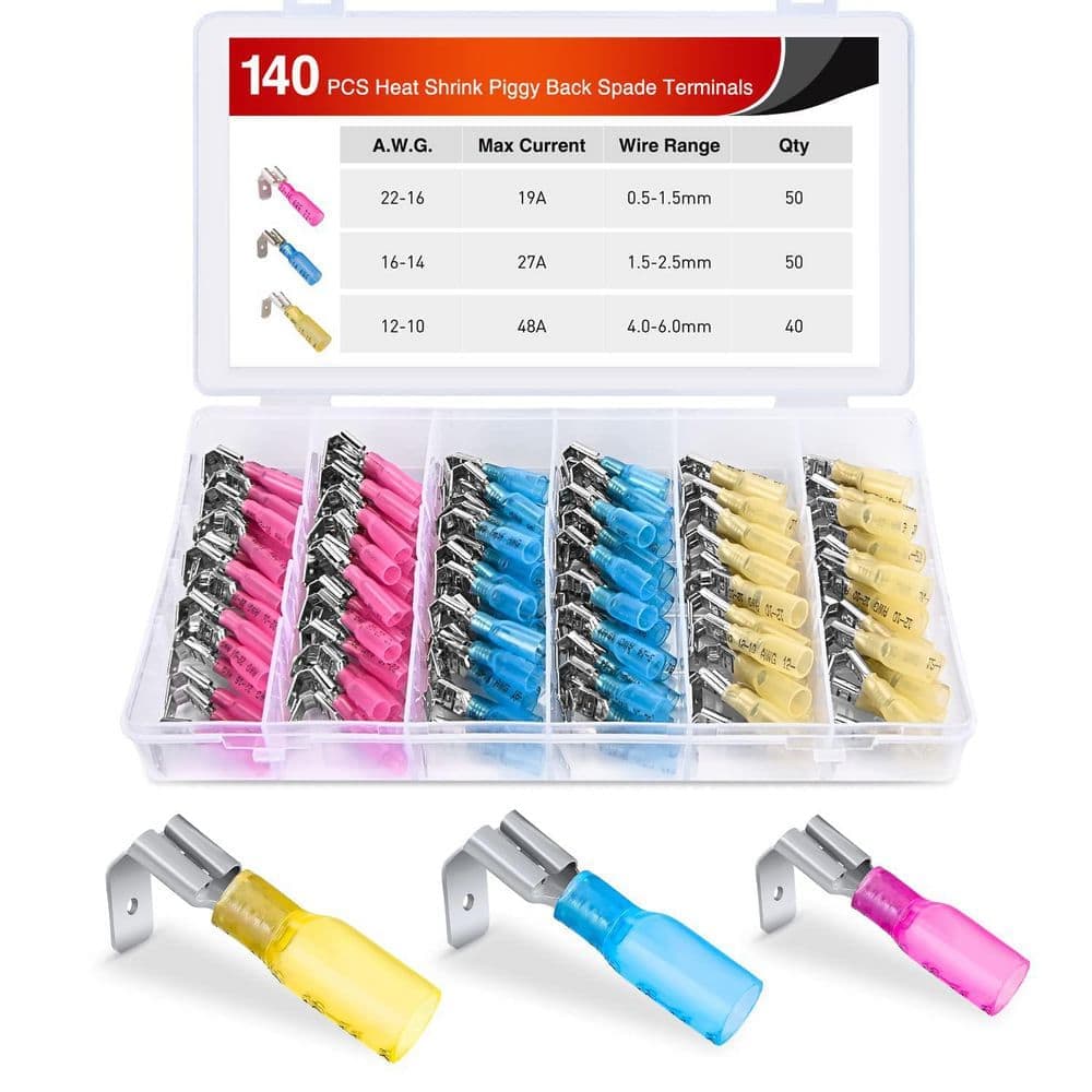 Unbranded 22-16/16-14/12-10 AWG Heat Shrink Spade Terminals Connectors Kit with Grounding Plug for Auto Cars Trucks Boats 140-Pack (1)