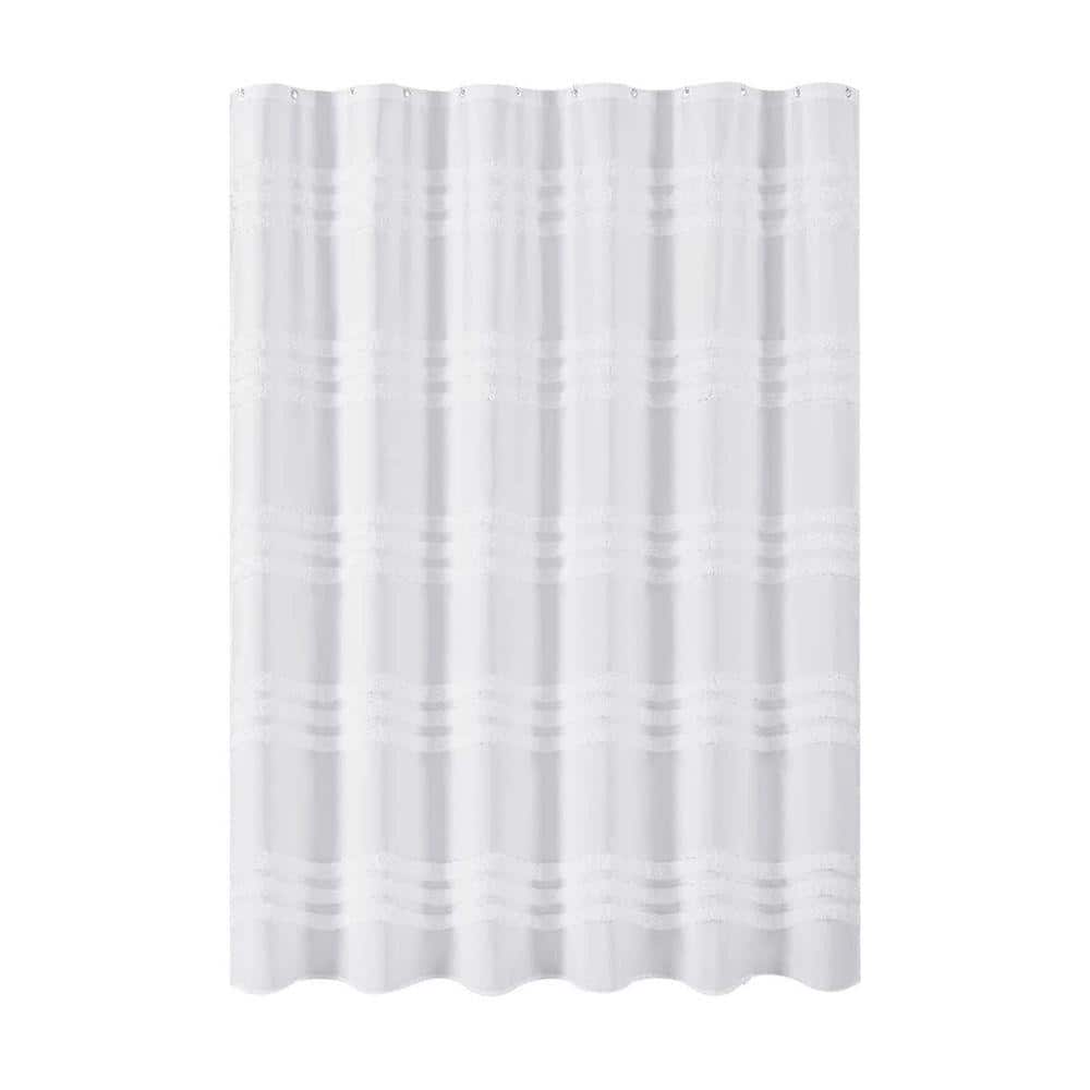 Unbranded White Fabric Shower Curtain 72 x 72 Tufted Chenille Striped Textured Cloth Waterproof Set with Hooks Machine Washable