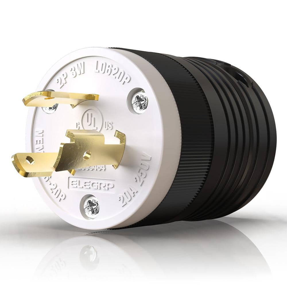 ELEGRP 20 Amp 250-Volt NEMA L6-20P Locking Plug, Industrial Grade Grounding Heavy-Duty, Black/White (1)