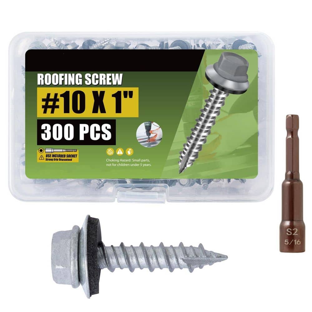xinyoec 300-Pack Silver #10 x 1 in. Metal Roofing Screws with Hex Socket, Metal to Wood Siding Screw with Rubber Washer (1)