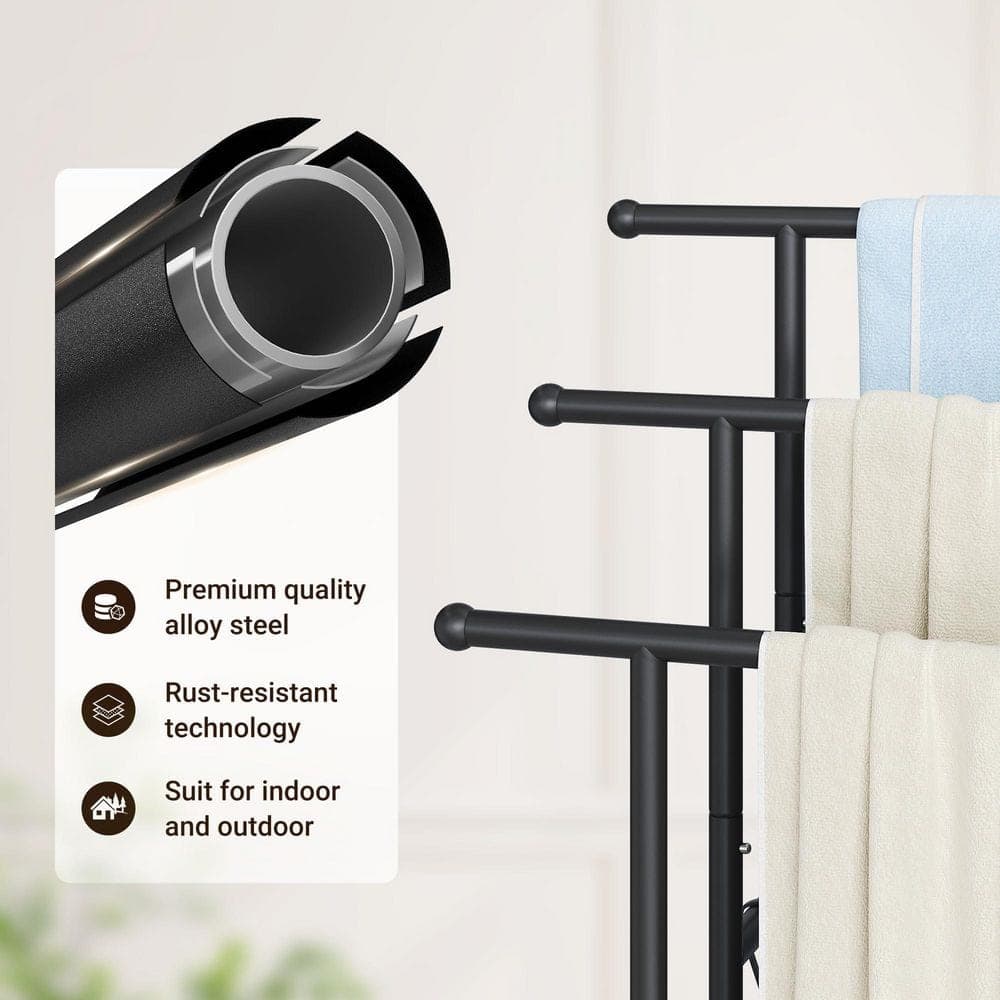Wudkey 3 Tier 3 Towel Holders Standing Towel Rack in Matte Black, 40 in. Freestanding Tall Towel Drying Rack Outdoor with Shelf (3)