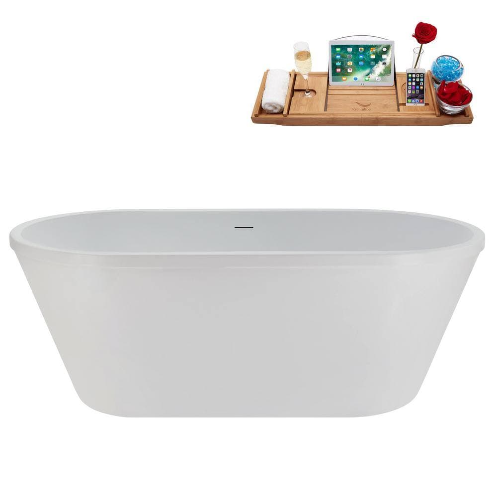 Streamline 60 in. x 30 in.Acrylic Freestanding Soaking Bathtub in Glossy White with Matte Black Drain, Bamboo Tray (2)