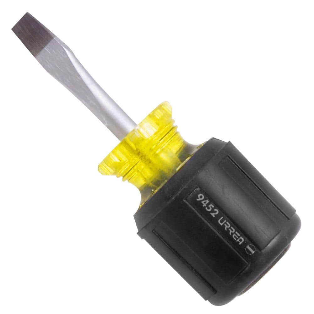URREA 1-3/8 in. Stubby Type Round Shank Flat Tip Cushion Grip Screwdriver